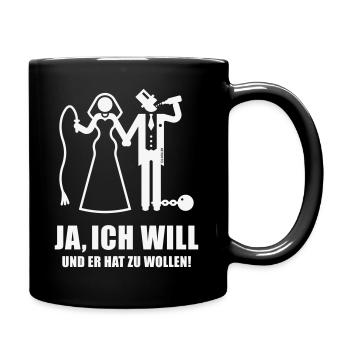 Ja, ich will … (Braut / Junggesellinnenabschied W) - Tasse einfarbig - Schwarz - Rechts
