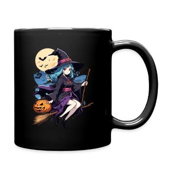 Cute witch with broom and bats - Full Colour Mug - black - Right