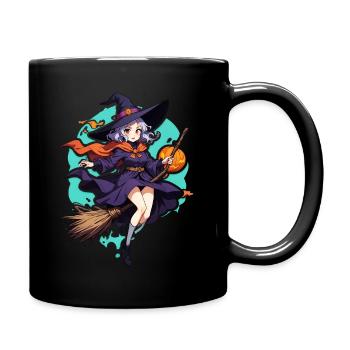Cute witch with broom and bats - Full Colour Mug - black - Right