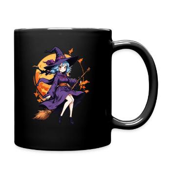 Cute witch with broom and bats - Full Colour Mug - black - Right