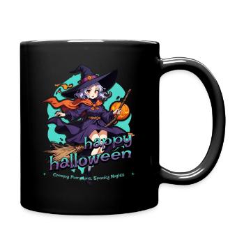 Cute witch with broom and bats - Full Colour Mug - black - Right