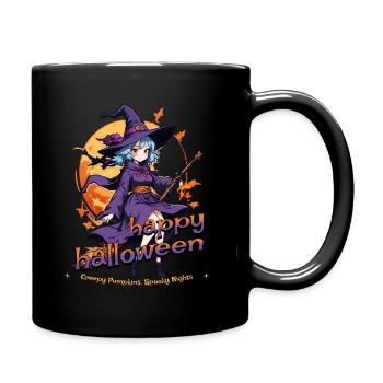 Cute witch with broom and bats - Full Colour Mug - black - Right