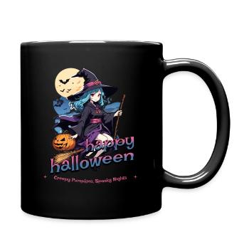 Cute witch with broom and bats - Full Colour Mug - black - Right