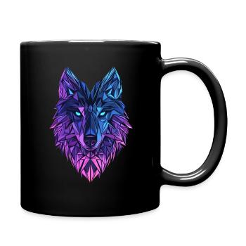 Polygon Wolf – Neon Wolfskopf in Blau & Lila - Tasse einfarbig - Schwarz - Rechts