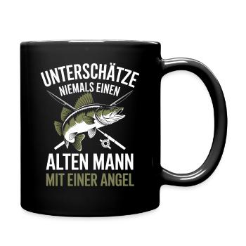 Unterschätze niemals einen alten Mann mit Angel - Tasse einfarbig - Schwarz - Rechts