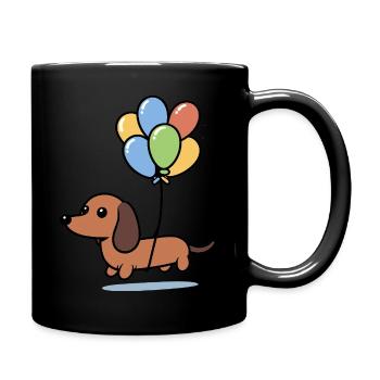 Comic Dackel Hund fliegt Luftballons Ballons bunt - Tasse einfarbig - Schwarz - Rechts