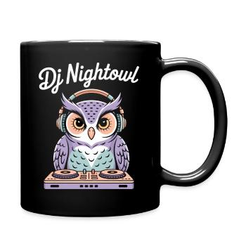 DJ Nightowl owl with headphones at the mixer - Full Colour Mug - black - Right