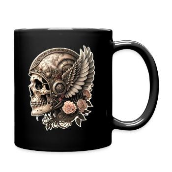 Vintage Motorrad Motorrad Schädel Flügel und Blumen - Tasse einfarbig - Schwarz - Rechts