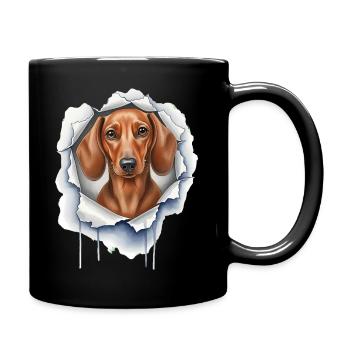 Lustiger Dackel guckt aus Riss - Süßer Hund - Tasse einfarbig - Schwarz - Rechts