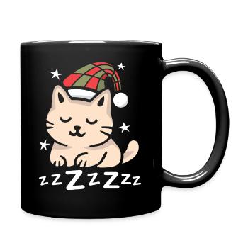Schlafende Weihnachtskatze mit Mütze - Tasse einfarbig - Schwarz - Rechts