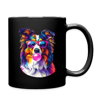 Bunter Sheltie mit Sonnenbrille und Bubblegum - Tasse einfarbig - Schwarz - Rechts