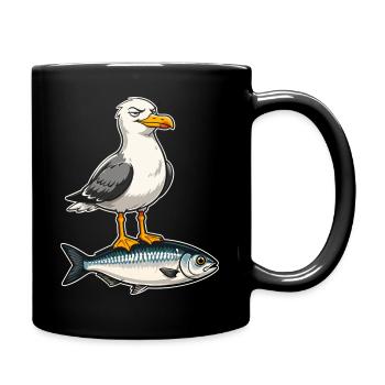 Möwe auf Forelle Cartoon - Tasse einfarbig - Schwarz - Rechts