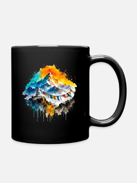 Himalayan Watercolor Mountains & Prayer Flags - Full Colour Mug - black