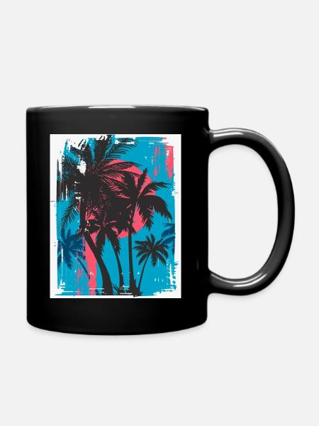 Palmen im Neon-Sonnenuntergang - Tasse einfarbig - Schwarz