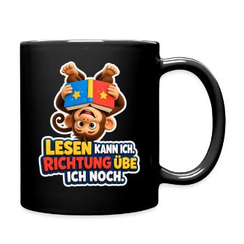 Affe liest verkehrt am Baum kann ich Spruch Lustig - Tasse einfarbig - Schwarz - Rechts