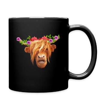 Highland Cow with Flowers, Love Cows - Full Colour Mug - black - Right