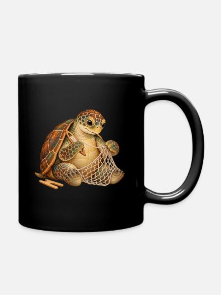 Schildkröte flickt ein Fischernetz - Tasse einfarbig - Schwarz