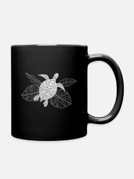 Turtle Grey Tropical Leaves - Full Colour Mug - black