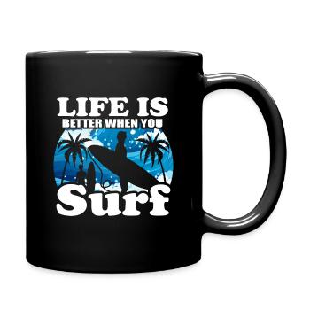 Surfing, summer, beach, palm trees, vacation - Full Colour Mug - black - Right
