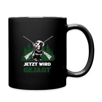 Jetzt wird gejagt - Jäger mit Dackel - Tasse einfarbig - Schwarz - Rechts