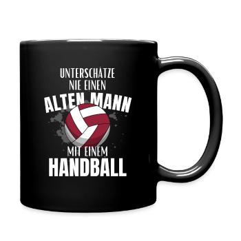 Unterschätze nie einen alten Mann mit Handball - Tasse einfarbig - Schwarz - Rechts