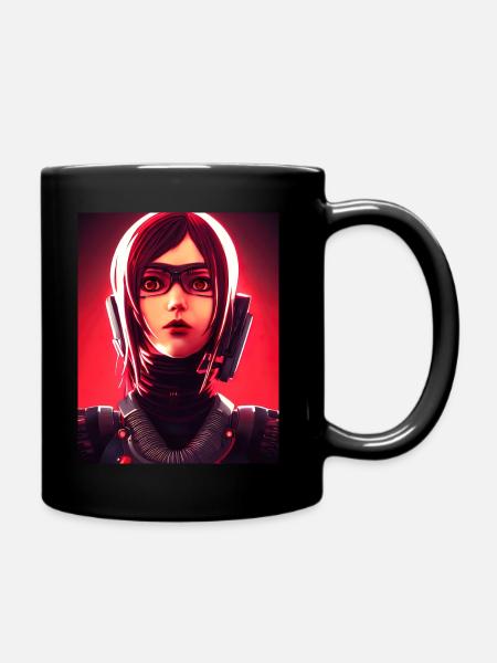 Cyborg Woman in Red - Technology AI Machines Woman - Full Colour Mug - black