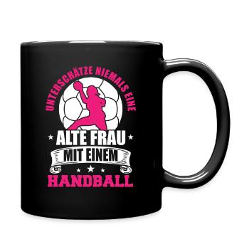 Unterschätze niemals eine alte Frau mit einem - Tasse einfarbig - Schwarz - Rechts