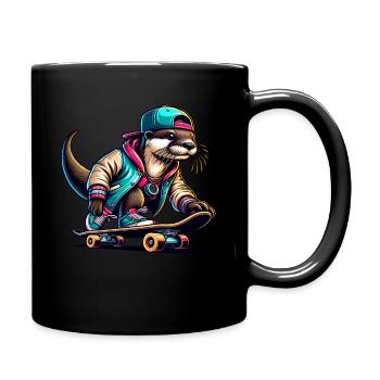 Loutre de patineur avec casquette et sweat à capuche sur planche à roulettes - Mug uni - noir - Droite