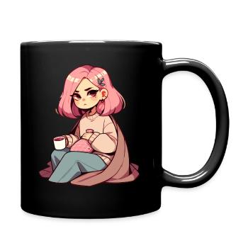 Gemütlicher Anime-Stil mit Tee und Wärmflasche - Tasse einfarbig - Schwarz - Rechts
