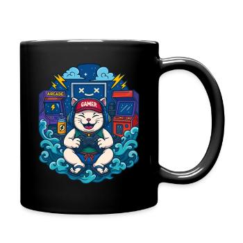 Kawaii Gamer Cat with Controller - Full Colour Mug - black - Right