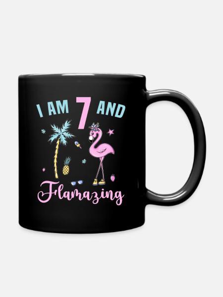 I am 7 and Flamazing, Flamingo 7 Jahre Geburtstag - Tasse einfarbig - Schwarz