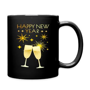 Happy New Year with glass and fireworks - Full Colour Mug - black - Right