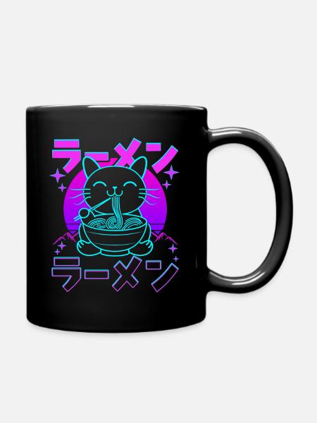 Retro Kawaii Cat Eating Ramen - Full Colour Mug - black