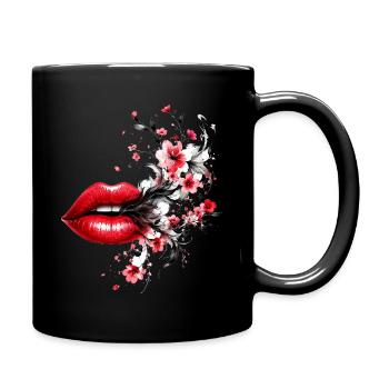 Rote Lippen mit Blütenrauch - Tasse einfarbig - Schwarz - Rechts