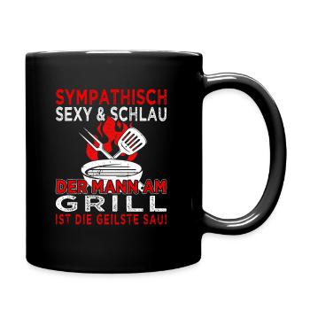 Der Mann am Grill - Fleisch - Grillen - Steak - Tasse einfarbig - Schwarz - Rechts