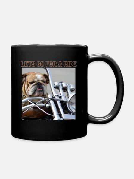 Biker Bulldog on Chopper Bike, Custom Bike - Full Colour Mug - black