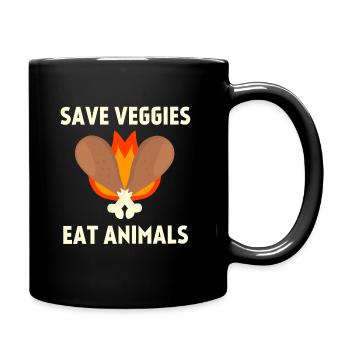 Save veggies Eat animals, Vegan slogan parody - Full Colour Mug - black - Right