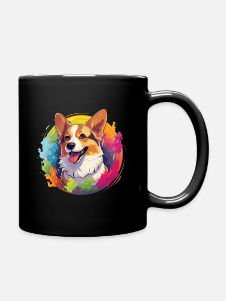Corgi on colorful watercolors - Full Colour Mug - black