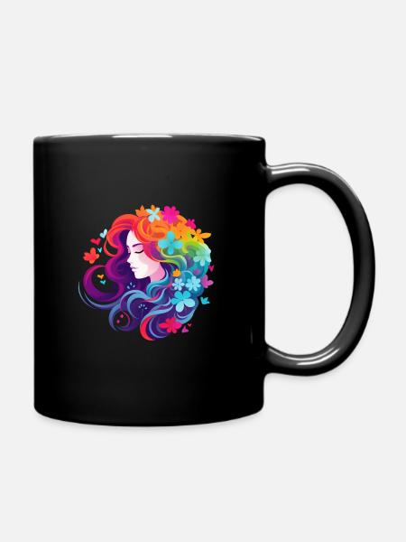 Flowers Girl Rainbow - Full Colour Mug - black