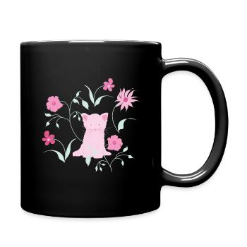Eine süße Katze mit Blumen und Pflanzen. - Tasse einfarbig - Schwarz - Rechts