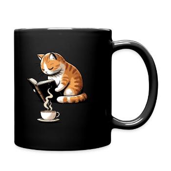 Reading Cat With Coffee feiert einen langsamen Morgen - Tasse einfarbig - Schwarz - Rechts
