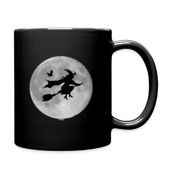 Hexe mit Rabe vor Vollmond - Tasse einfarbig - Schwarz - Rechts