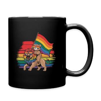 Teddy Bear Rides Lion LGBTQ Rainbow Flag - Full Colour Mug - black - Right