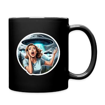 Alien UFO Invasion: Woman in panic - Full Colour Mug - black - Right