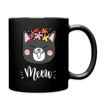 Niedliche Kawaii lustige Katze mit Blumen, die Miauen sagen - Tasse einfarbig - Schwarz - Rechts