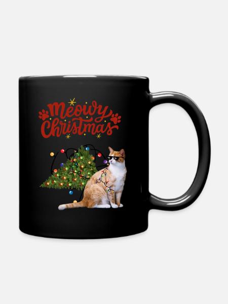 Lustige Weihnachtskatze - Tasse einfarbig - Schwarz