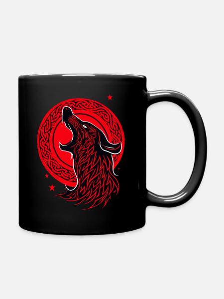 Howling Fenris Wolf in front of the moon - Full Colour Mug - black