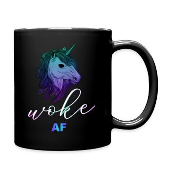 Unicorn with saying: WOKE AF - Full Colour Mug - black - Right