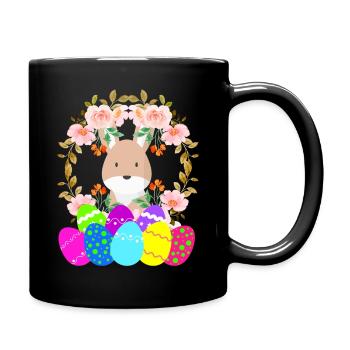 Kaninchen mit Blütenkrone und bunten Eiern - Tasse einfarbig - Schwarz - Rechts