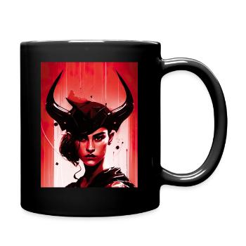 AI Art | Woman with Bull Horns - Tasse einfarbig - Schwarz - Rechts